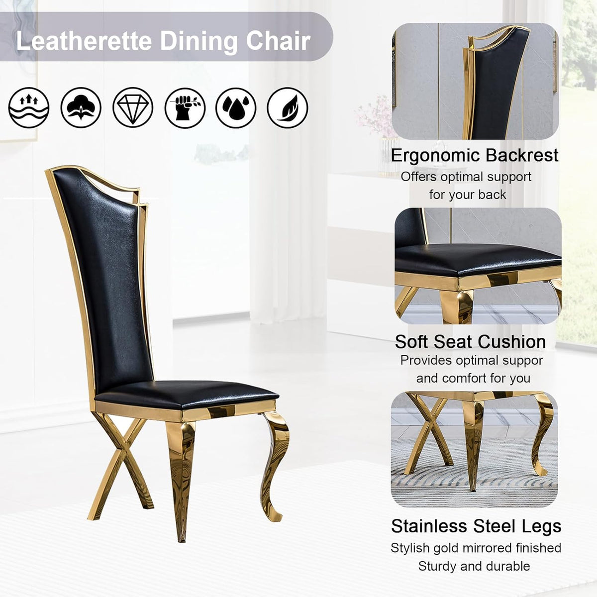 70" Black Gold Marble Dining Table Set with 6 PU Leather Chairs G483563