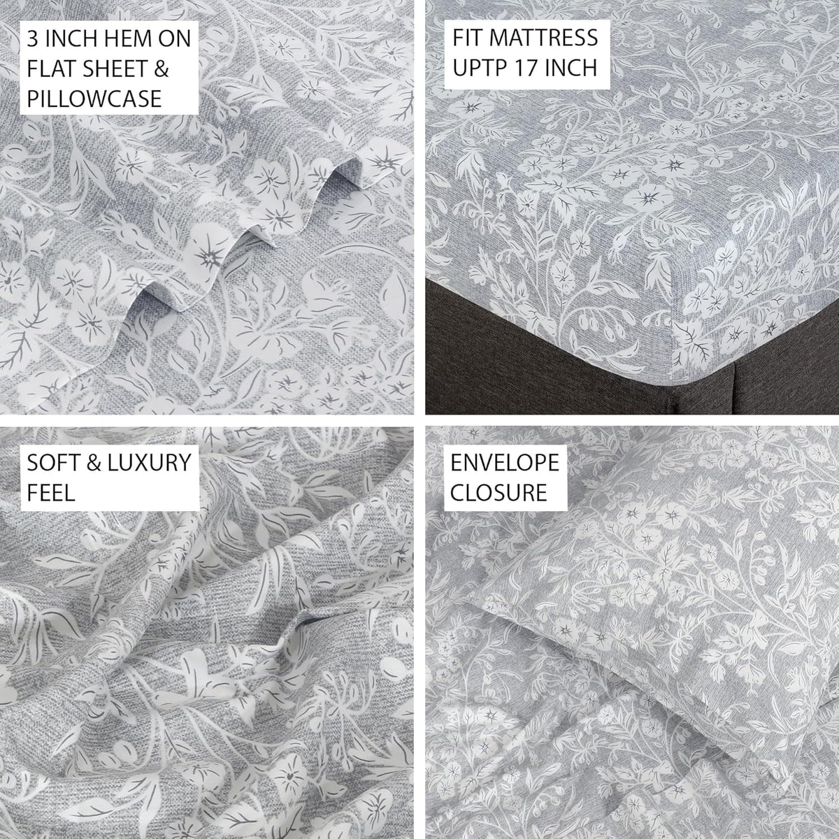 Cooling Queen Sheet Set 4-Piece 100% Cotton Sateen 300TC Grey Floral 16" Deep Pocket B696