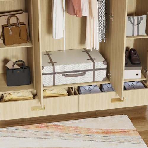 82.7" H Armoire Wardrobe Closet with 8 Doors and 2 Drawers, Light Brown Wood Grain Y484046
