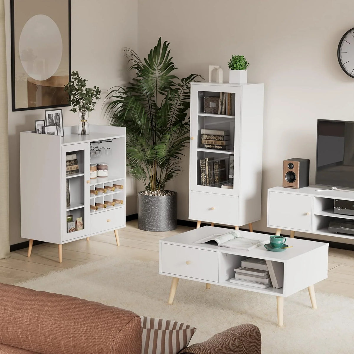 White Coffee Bar Cabinet with Storage, Mid-Century Modern Buffet Sideboard with Removable Wine Rack, Acrylic Door P7292