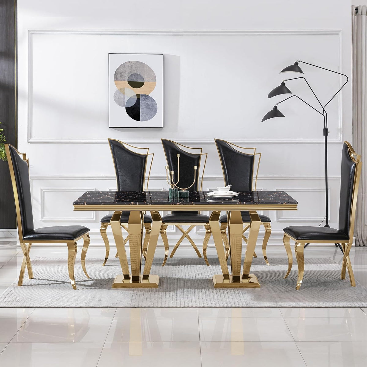 70" Black Gold Marble Dining Table Set with 6 PU Leather Chairs G483563