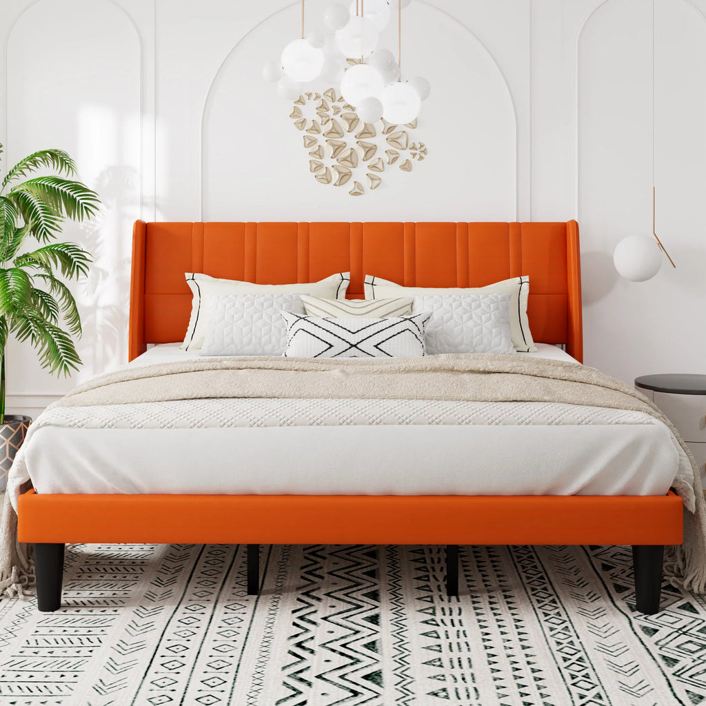 King Size Faux Leather Platform Bed Frame with Wingback Headboard J1260