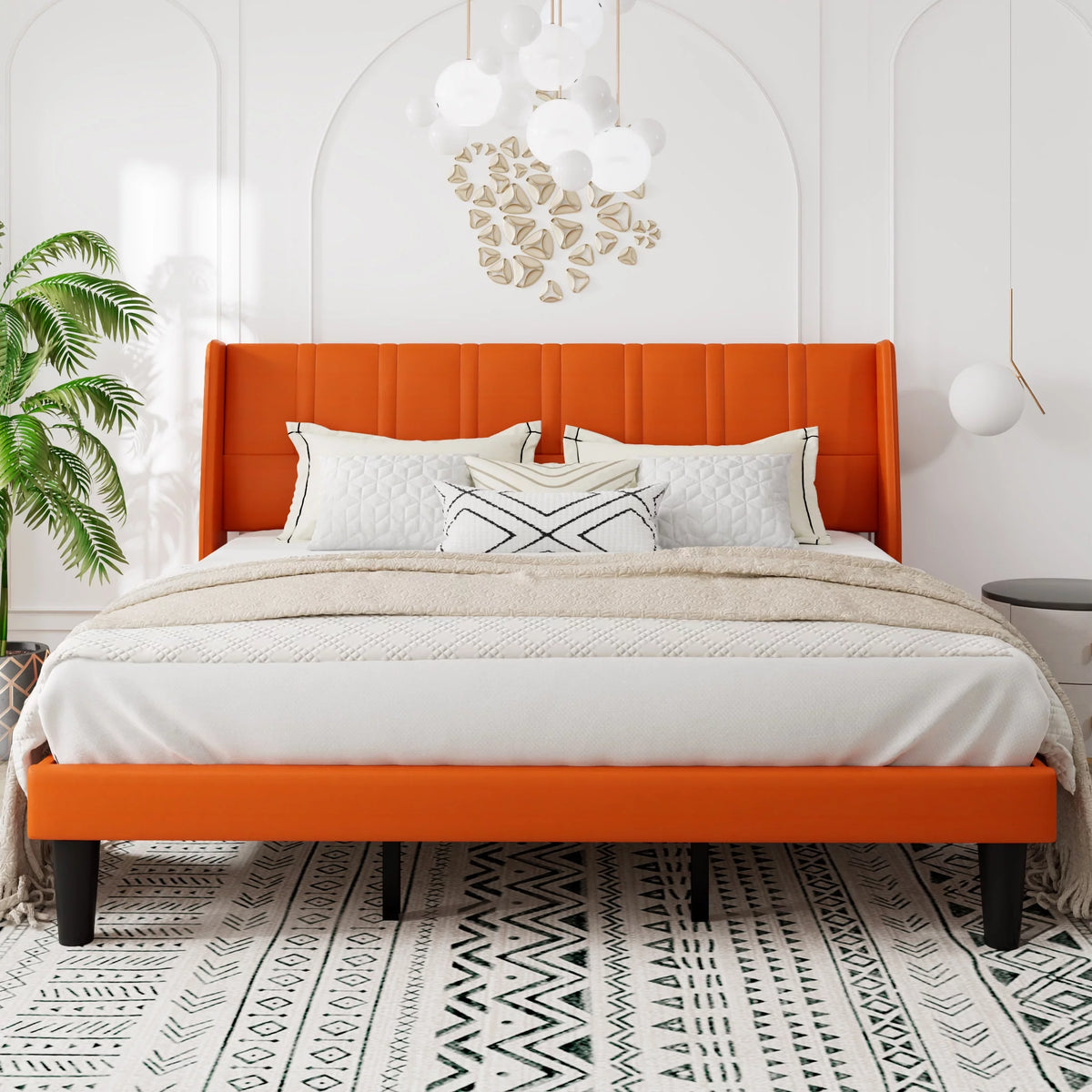 King Size Faux Leather Platform Bed Frame with Wingback Headboard J1260