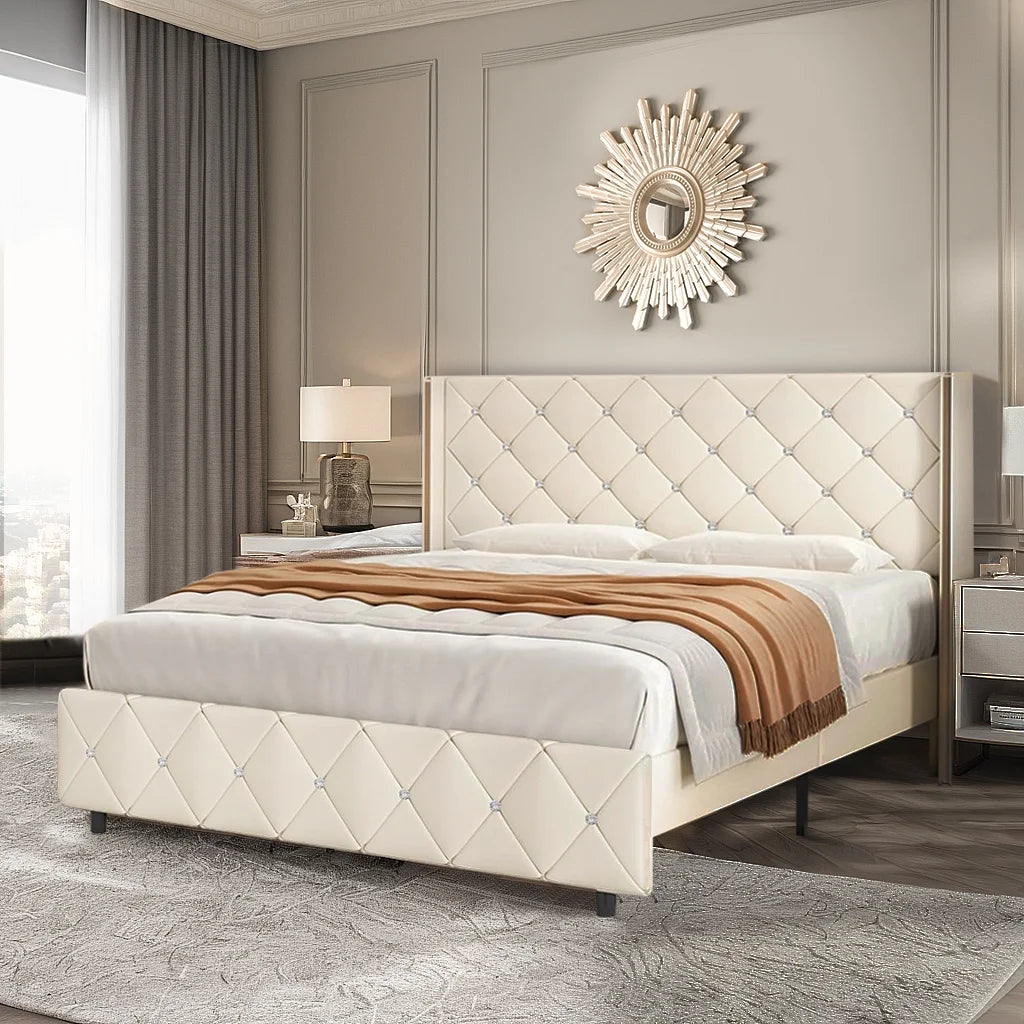 Queen Size Upholstered Platform Bed Frame with Wingback Headboard F430123