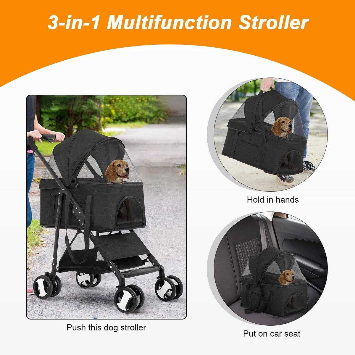 3-in-1 Pet Stroller with Detachable Carrier & Cup Holder M9189