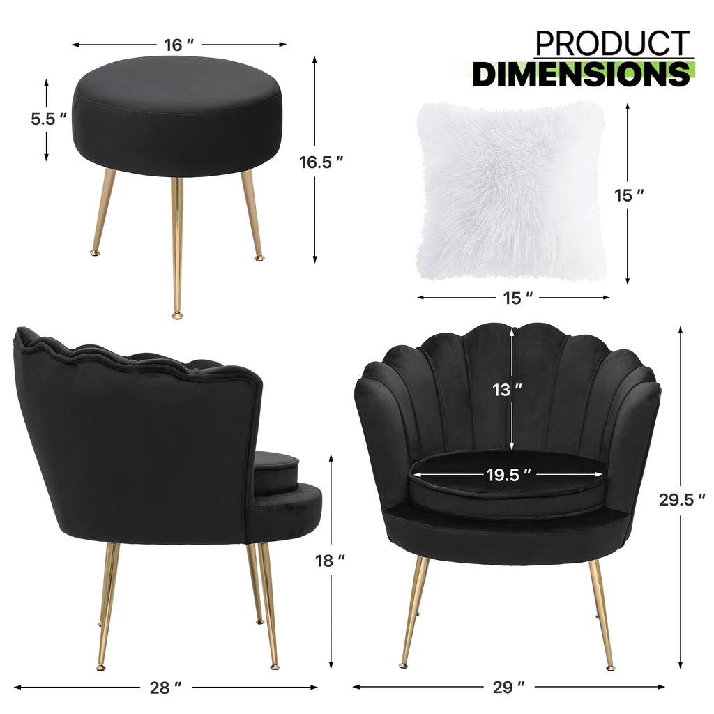 Black Velvet Tufted Accent Chair with Ottoman and Cushion I583405