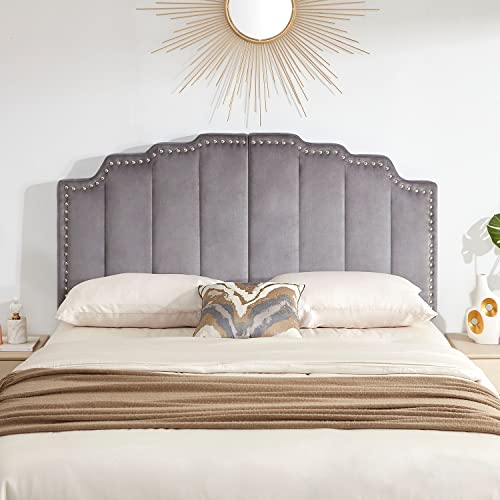 Grey Velvet Upholstered Tufted Headboard for King Size Bed F562