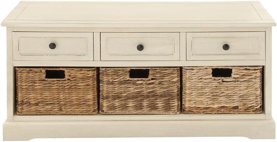 Aqua Wood Cabinet with Natural Wicker Storage Basket Drawers S791