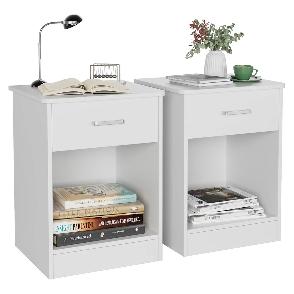 White 2-Tier Nightstand with Drawer and Storage Shelf, Set of 2 U898