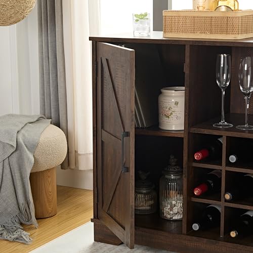 Gray Wash Coffee Bar Cabinet with Wine Rack Barn Door Buffet Sideboard P4118