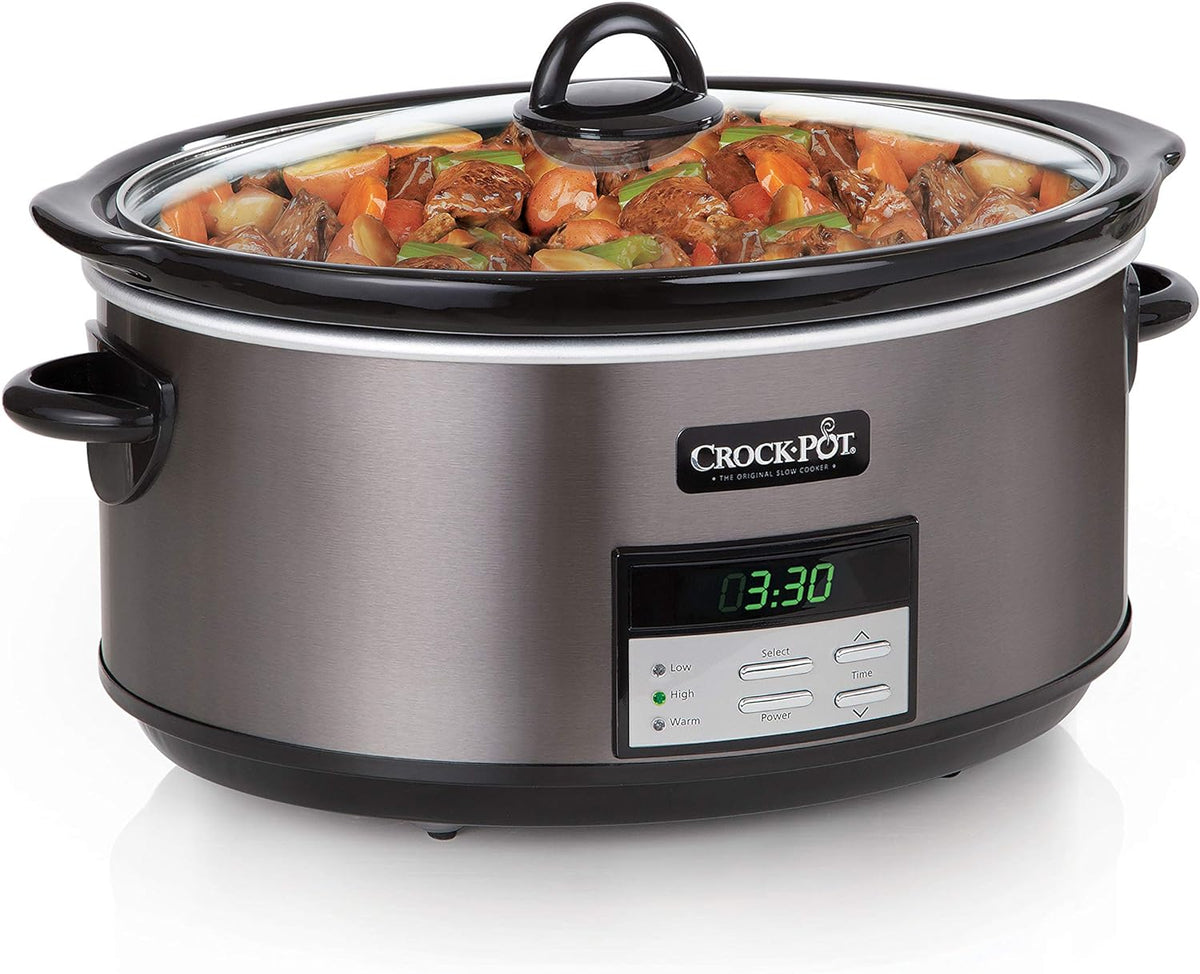 Large 8-Quart Programmable Slow Cooker with Auto Warm Setting, Black Stainless Steel S600