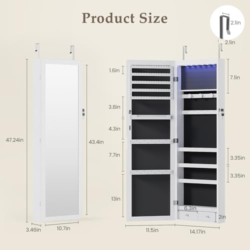 White 47.2-Inch Lockable Mirror Jewelry Cabinet J3575