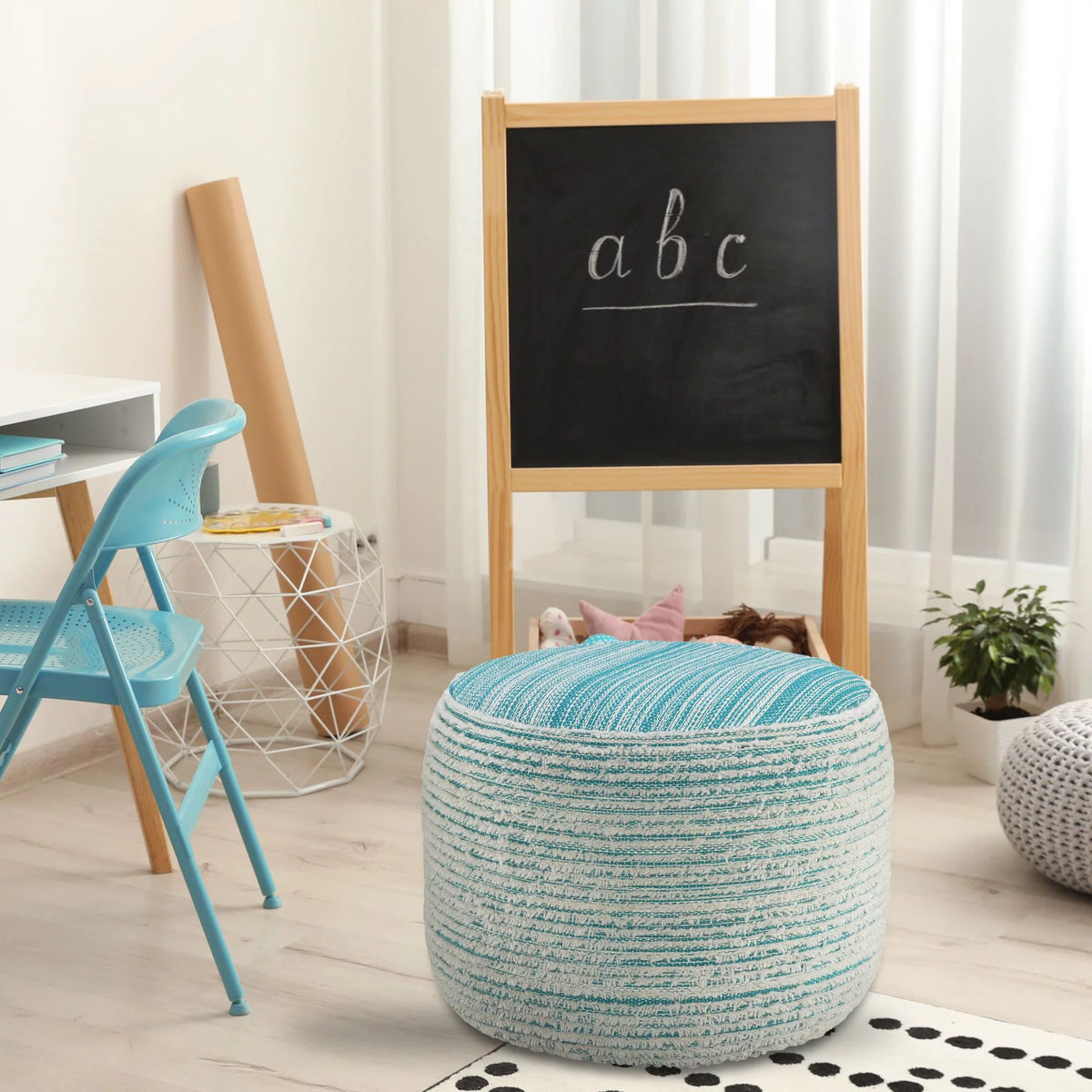 Aqua Blue and White Distressed Round Pouf Ottoman D812781