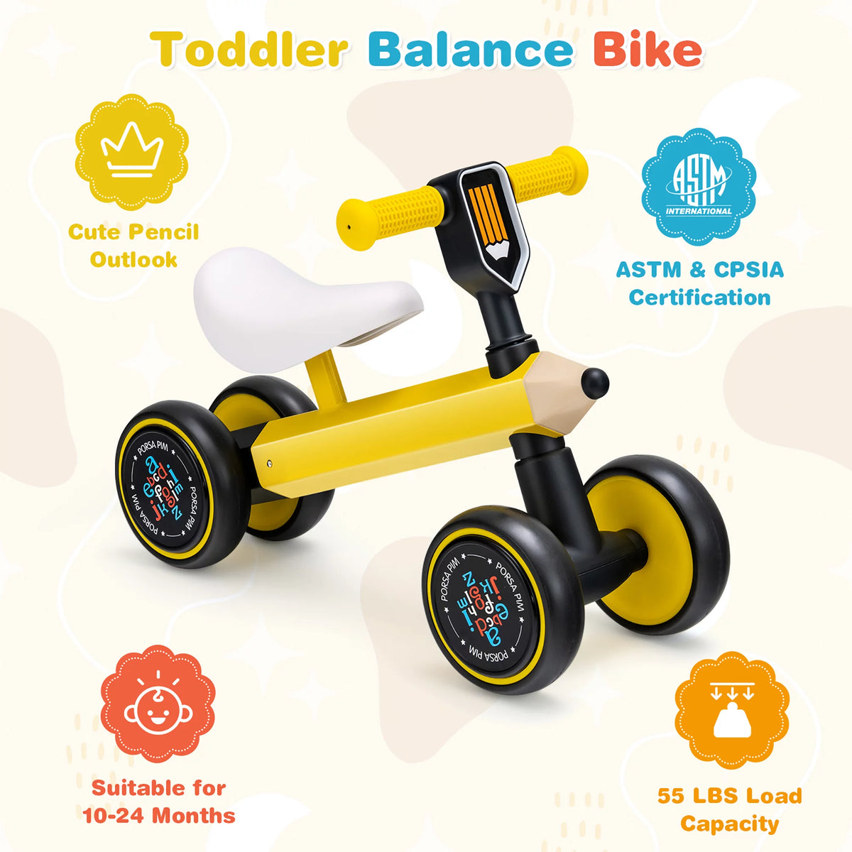 Baby Balance Bike No Pedal Yellow P98608