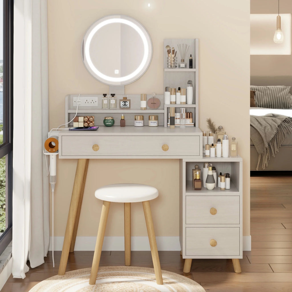 White Vanity Table with Lighted Mirror and Stool M44148