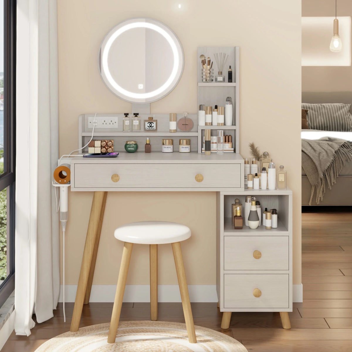 White Vanity Table with Lighted Mirror and Stool M44148