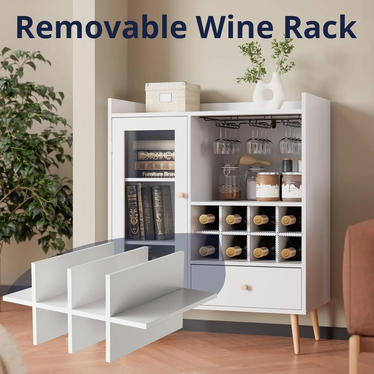 White Coffee Bar Cabinet with Storage, Mid-Century Modern Buffet Sideboard with Removable Wine Rack, Acrylic Door P7292