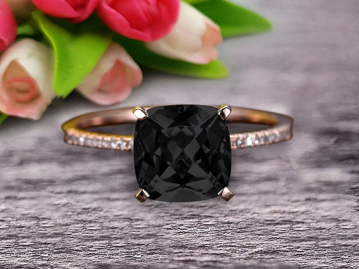 Art Deco Cushion Cut Black Diamond Moissanite Wedding Engagement Ring B3400