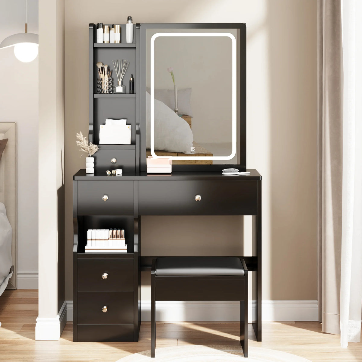 White Vanity Table with Lighted Mirror and Stool M44148