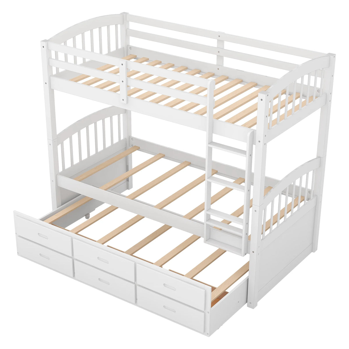 Twin Over Twin Wood Bunk Bed with Trundle and Drawers Y369
