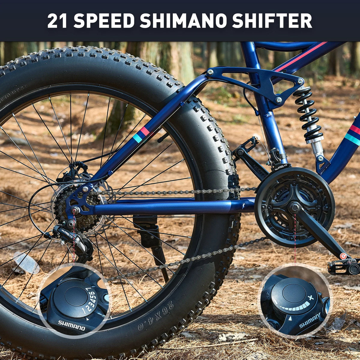26 Fat Tire Full Suspension Mountain Bike with 21 Speeds Disc Brakes Blue H65337
