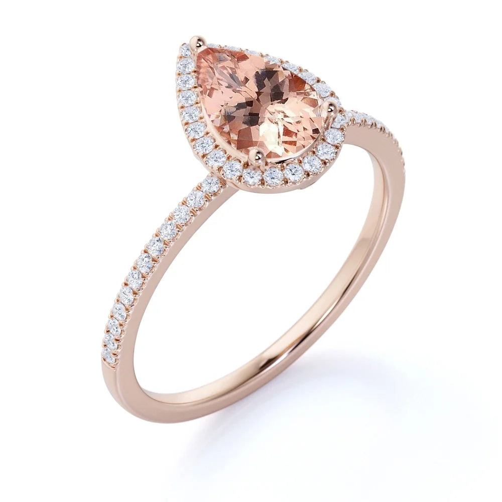 Pear Cut Peach Pink Morganite Halo Engagement Ring in 18k Rose Gold over Silver K8016