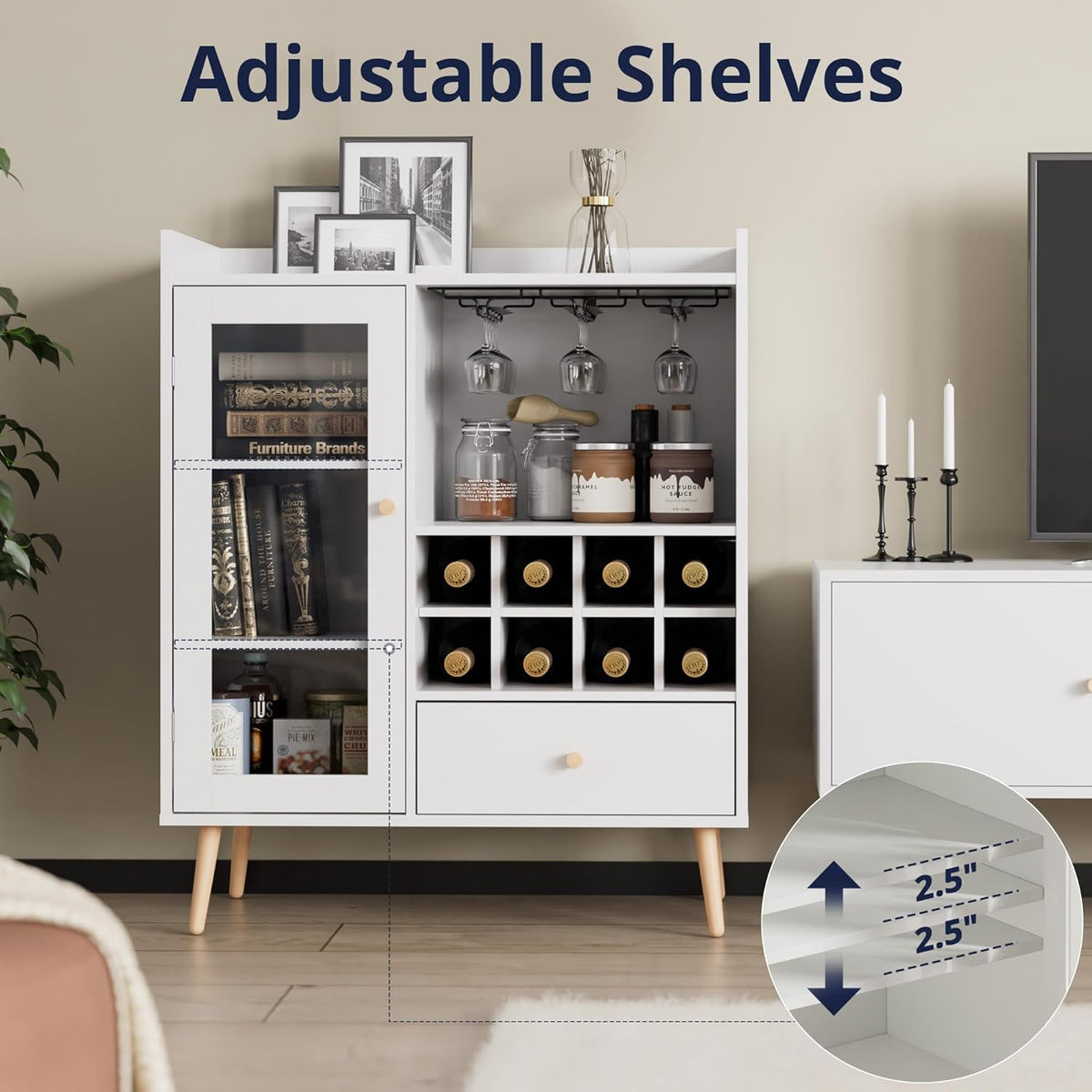 White Coffee Bar Cabinet with Storage, Mid-Century Modern Buffet Sideboard with Removable Wine Rack, Acrylic Door P7292