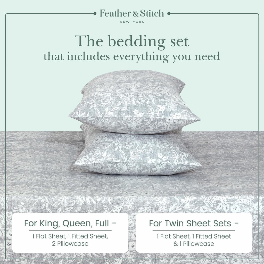 Cooling Queen Sheet Set 4-Piece 100% Cotton Sateen 300TC Grey Floral 16" Deep Pocket B696