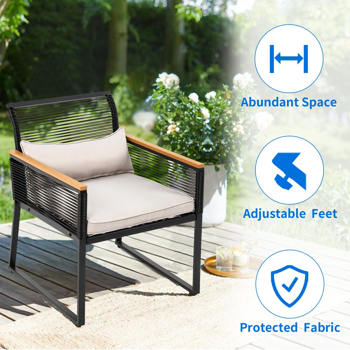 4-Piece Rattan Patio Bistro Set with Gray Cushions and Metal Coffee Table G73157
