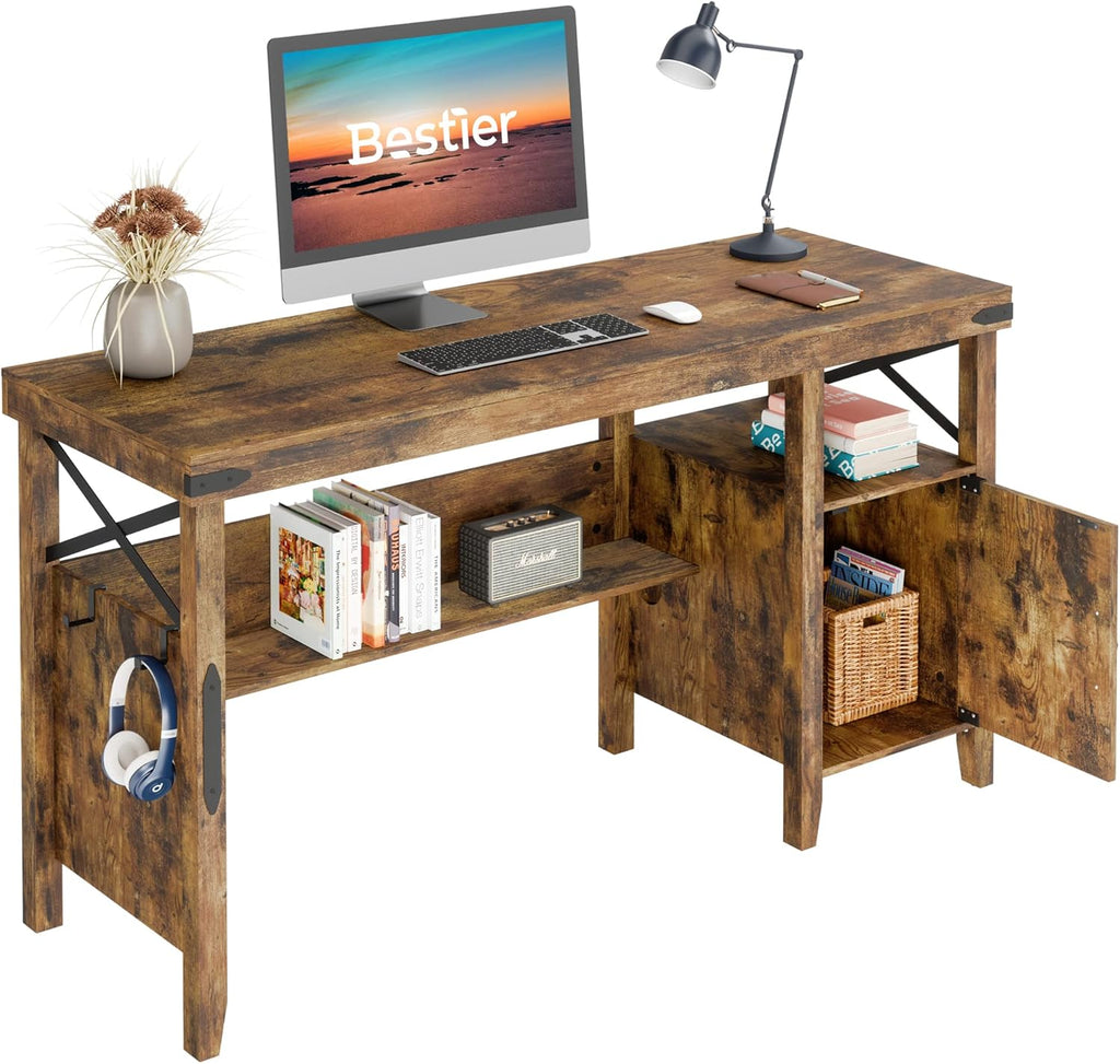 Gray Farmhouse Computer Desk with Storage Cabinet and Bookshelf E13037