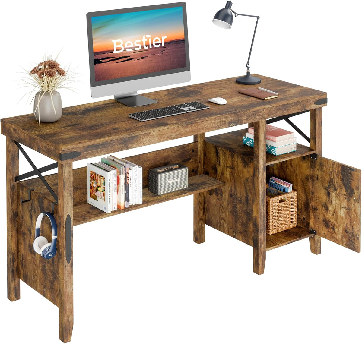 Gray Farmhouse Computer Desk with Storage Cabinet and Bookshelf E13037