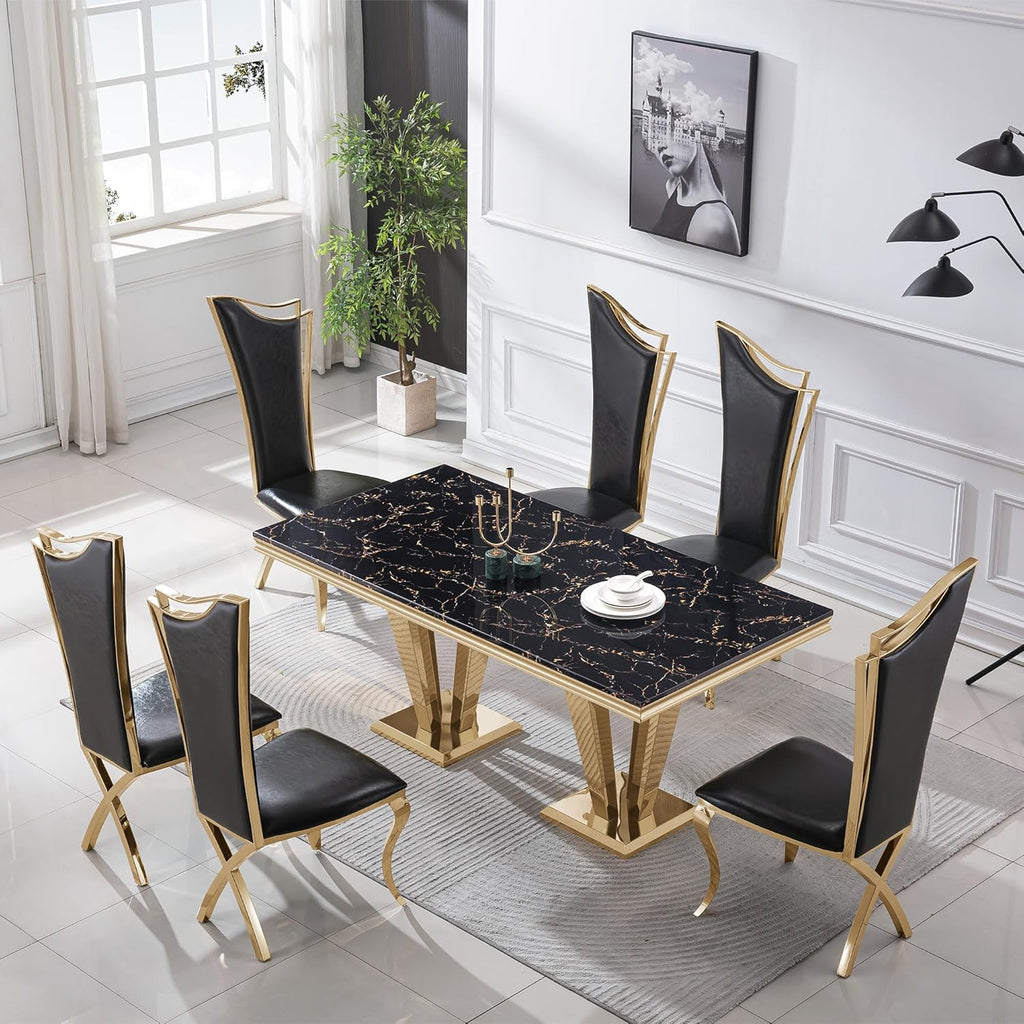 70" Black Gold Marble Dining Table Set with 6 PU Leather Chairs G483563