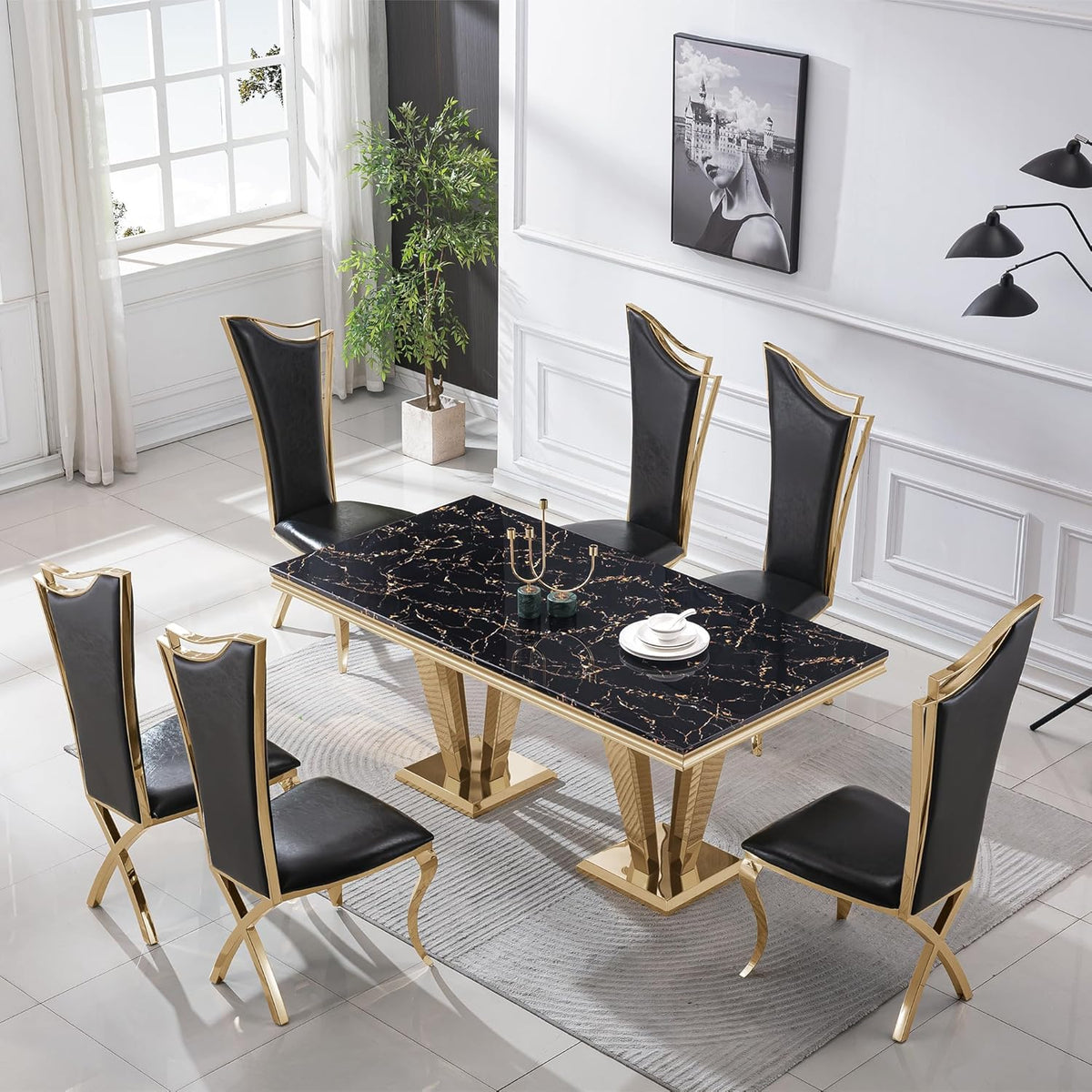70" Black Gold Marble Dining Table Set with 6 PU Leather Chairs G483563