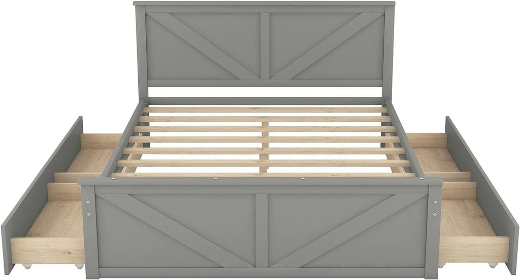 Gray Queen Wood Platform Bed with 4 Storage Drawers M922873
