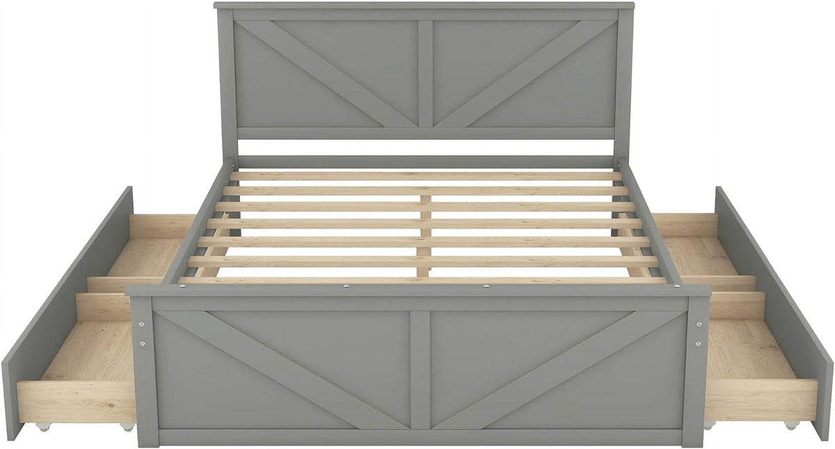 Gray Queen Wood Platform Bed with 4 Storage Drawers M922873