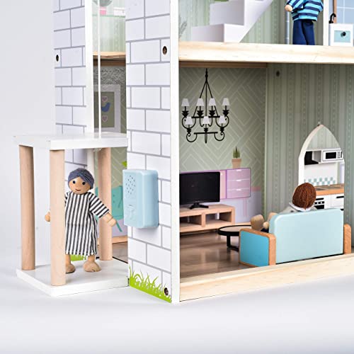 Large Pink Wooden Dollhouse with 15 Pcs Furniture & 3 Dolls H920