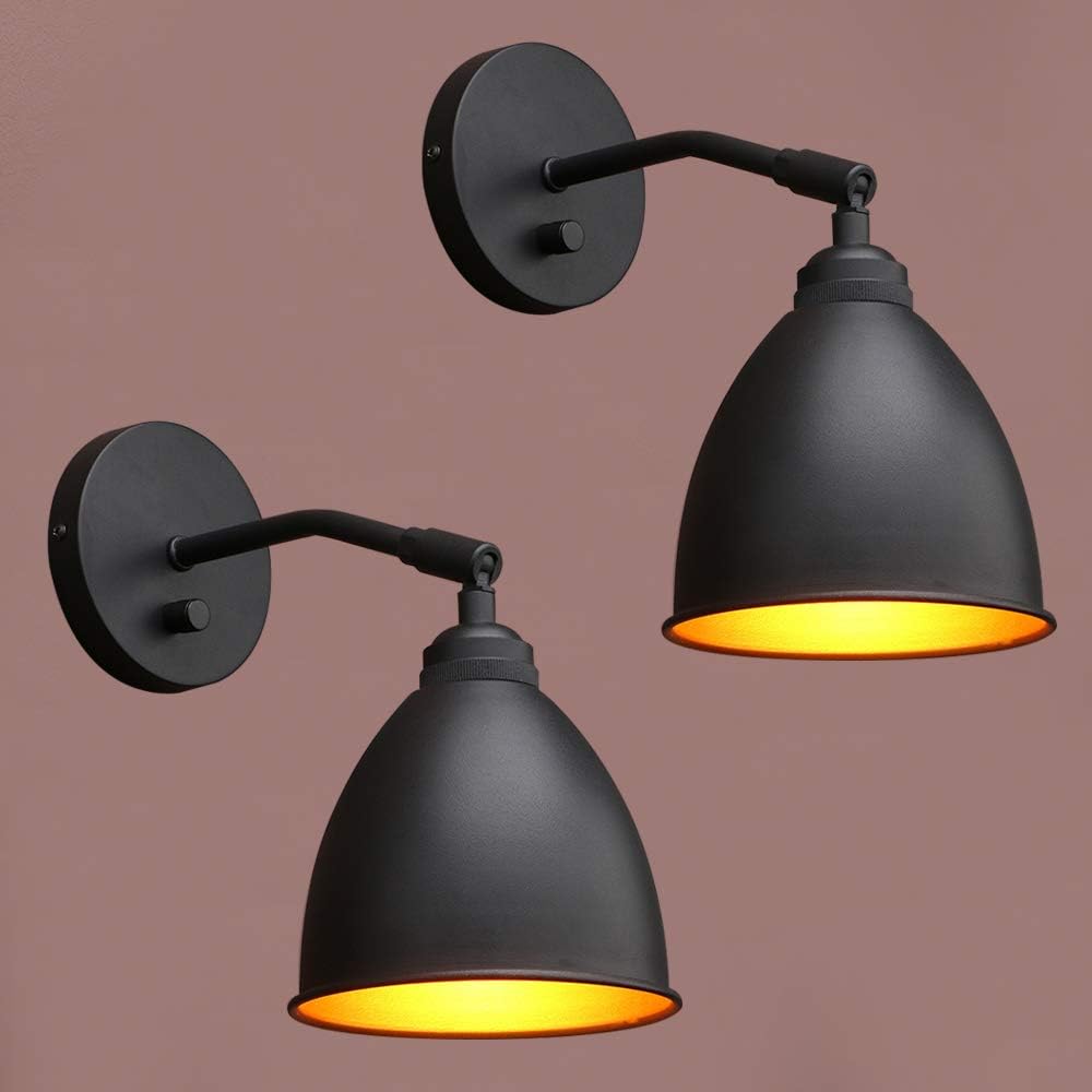 Vintage Wall Sconce 2-Pack Dimmable Industrial Metal Fixture Lamp with Black Metal Shade O9422