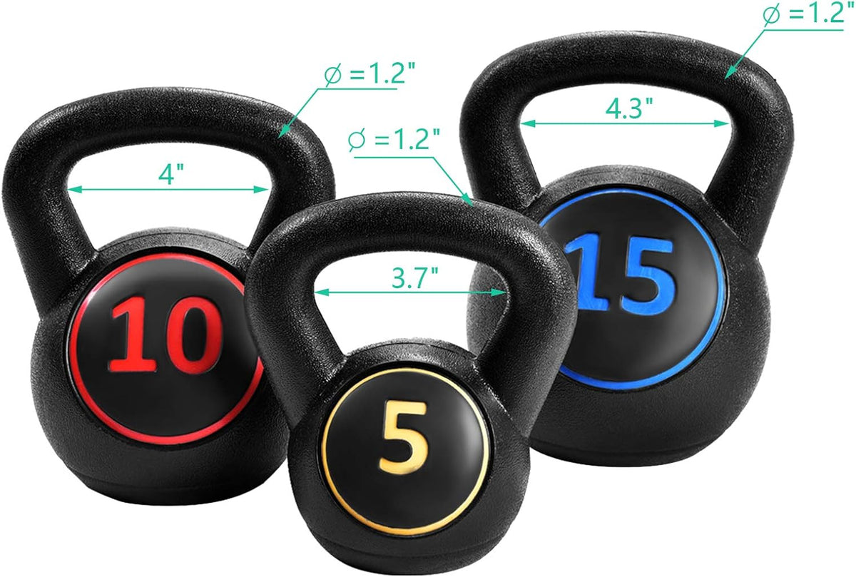 3 Pcs Vinyl Kettlebell Weights Set, 5, 10, 15 lbs H1246