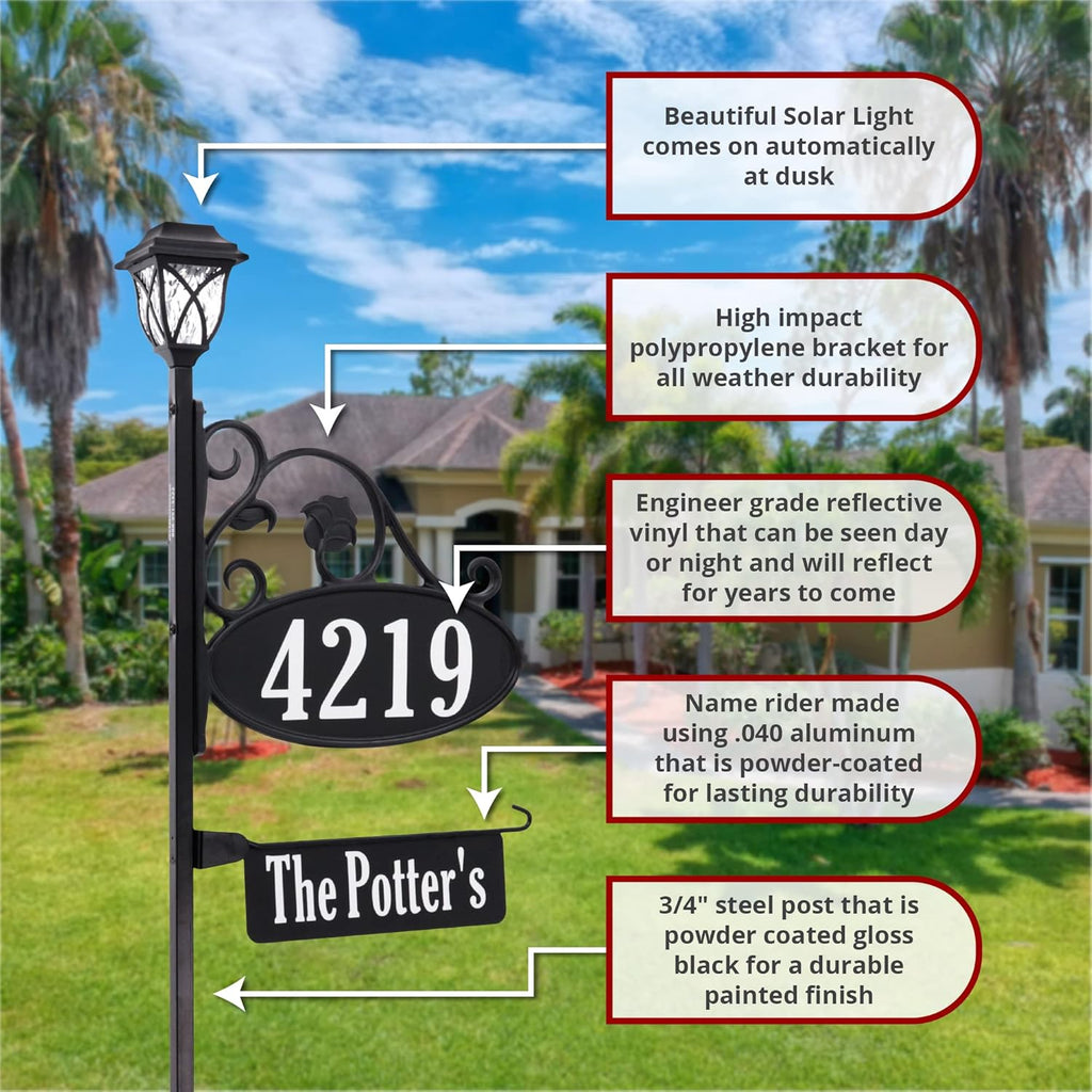 Handcrafted Oval Reflective Home Address Sign with Name Rider and Solar Light B79152