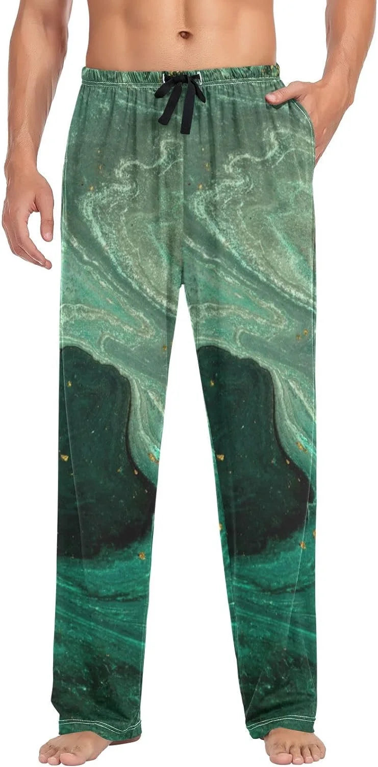 Teal Green Gold Marble Cotton Pajama Pants Y424556