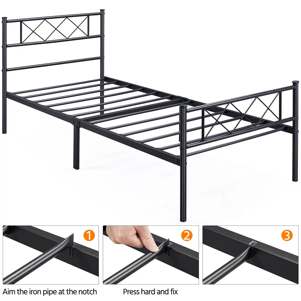 Black Twin Metal Slatted Bed Frame with Headboard Footboard U642626