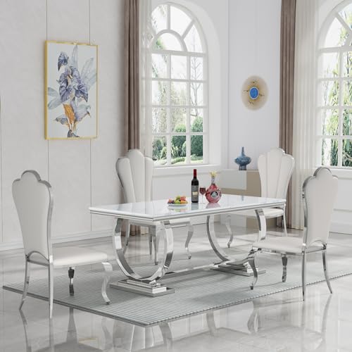 White Marble Dining Table Set of 6 with 4 Leather Chairs D7615
