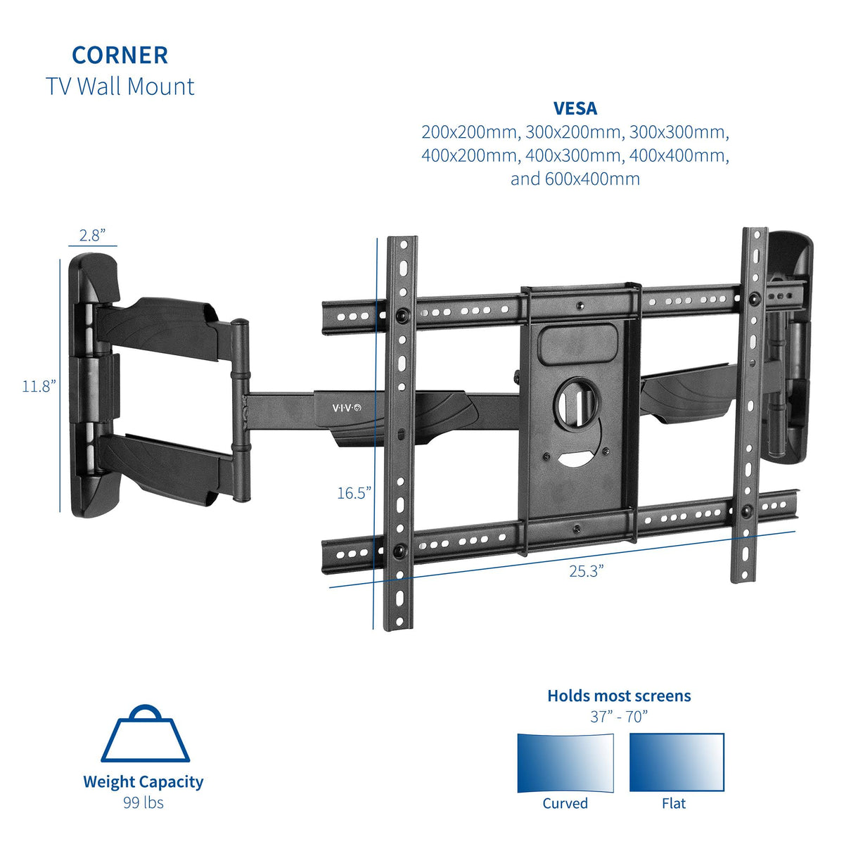 Full Motion Articulating Corner Wall TV Mount Bracket for 37 to 70 Flat Screens D83158