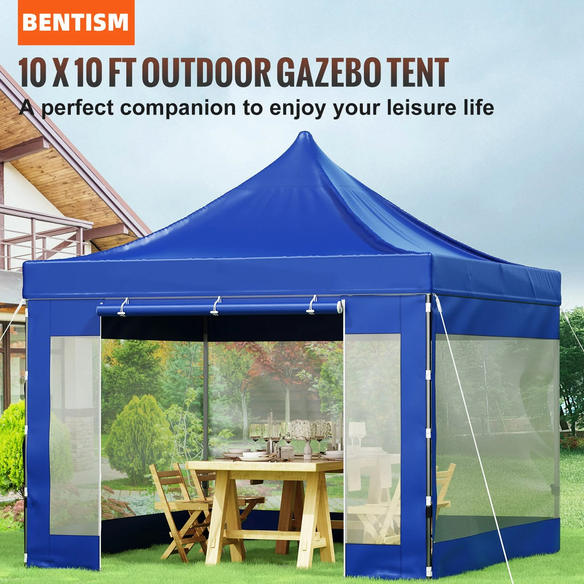 10 x 10 FT Blue Pop Up Canopy Tent with Sidewalls W613