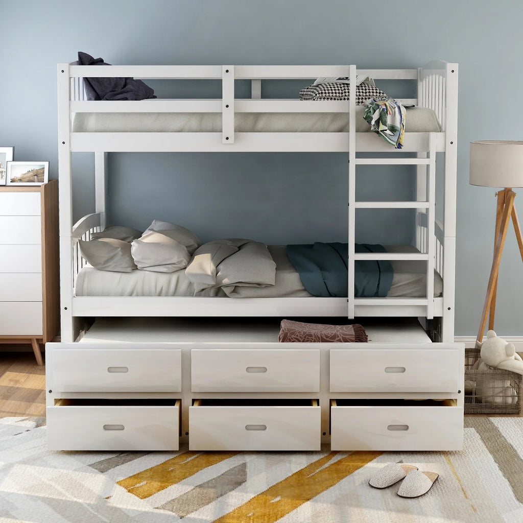 Twin Over Twin Wood Bunk Bed with Trundle and Drawers Y369