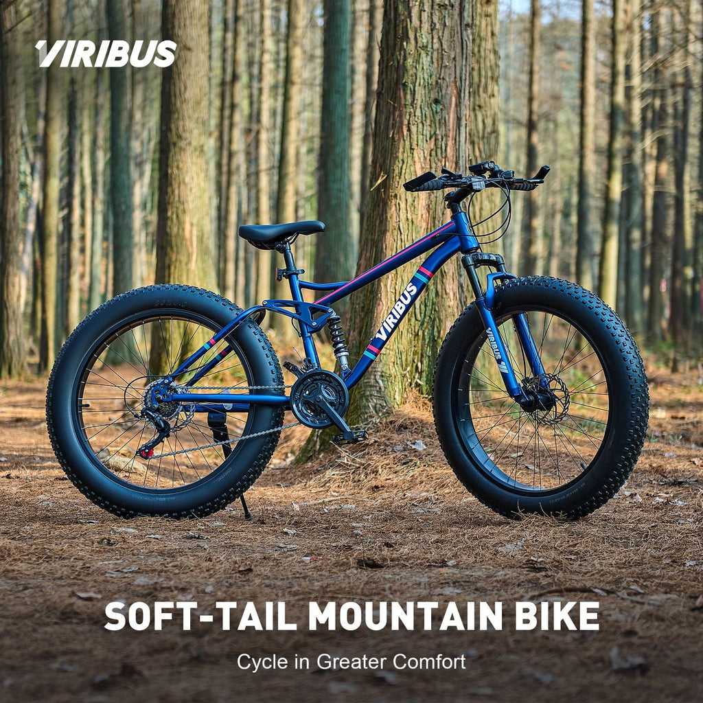26 Fat Tire Full Suspension Mountain Bike with 21 Speeds Disc Brakes Blue H65337