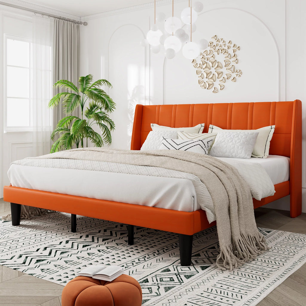 King Size Faux Leather Platform Bed Frame with Wingback Headboard J1260