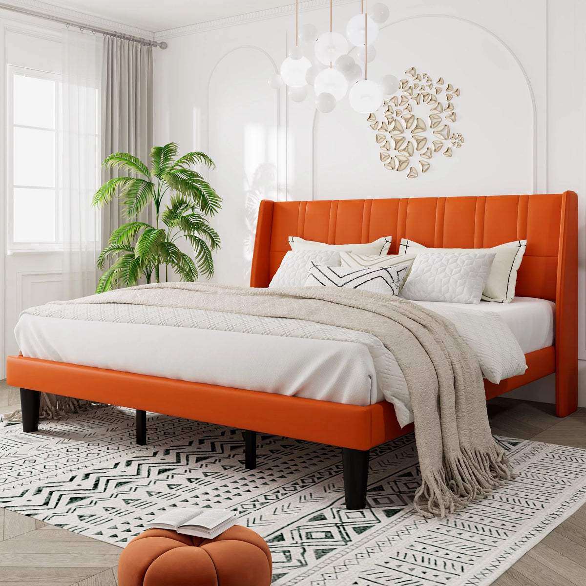King Size Faux Leather Platform Bed Frame with Wingback Headboard J1260