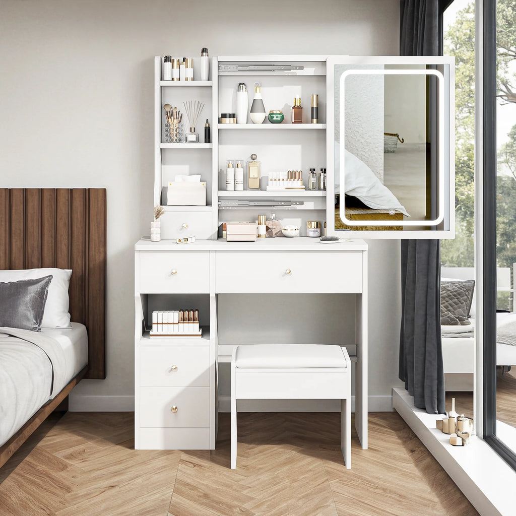White Vanity Table with Lighted Mirror and Stool M44148