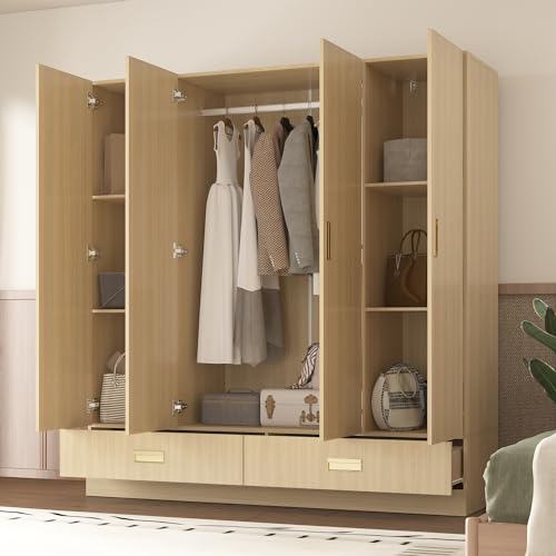 82.7" H Armoire Wardrobe Closet with 8 Doors and 2 Drawers, Light Brown Wood Grain Y484046